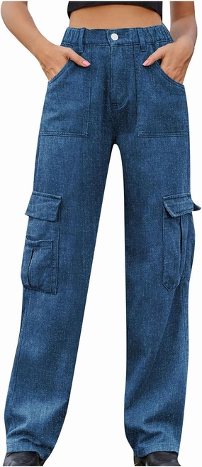 Women's High Waisted Cargo Jeans Flap Pocket Denim Cargo Pants Straight Leg Streetwear Trousers y2k Clothes