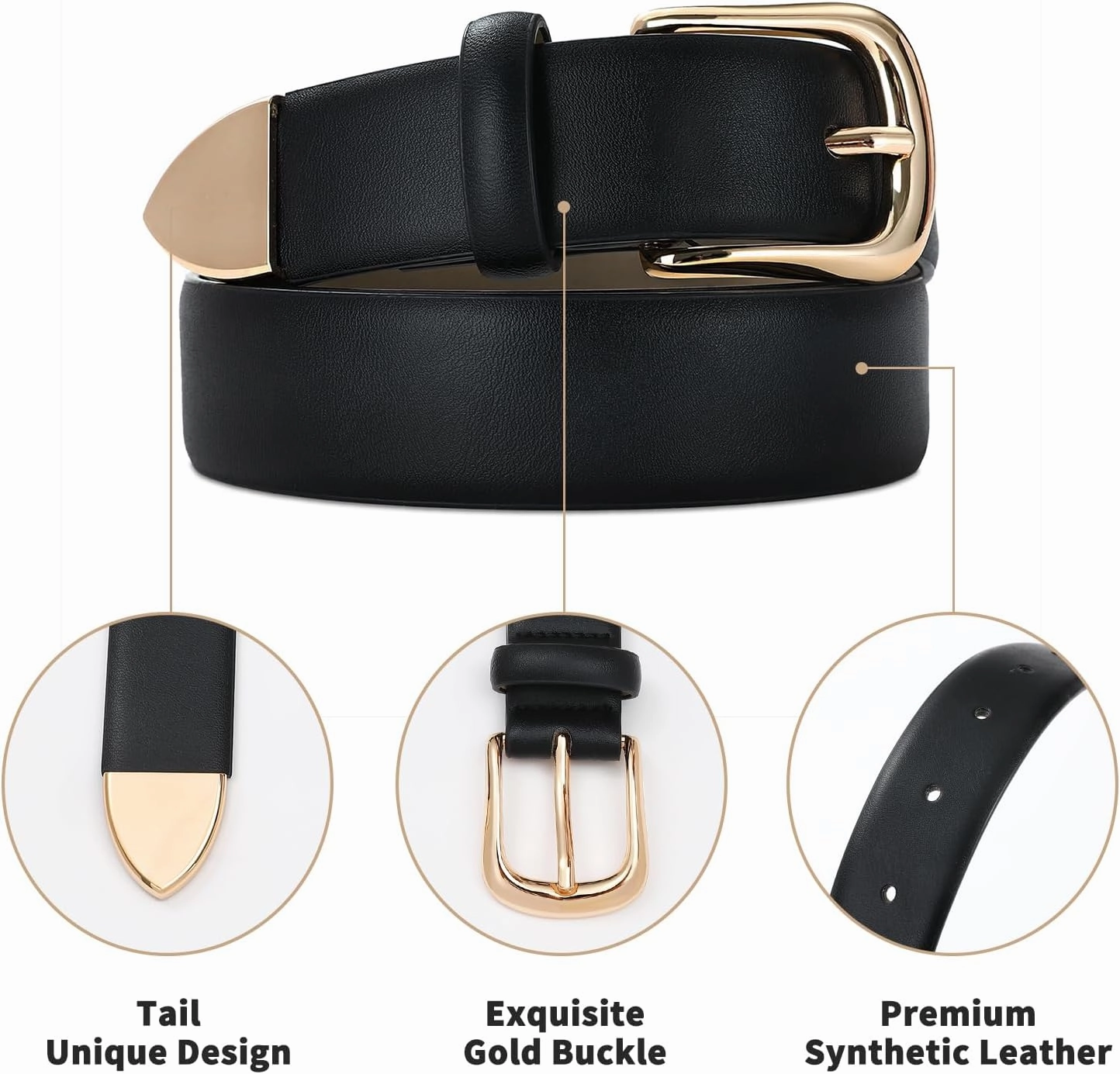 Women's Leather Belts with Gold Buckle Fashion Leather Waist Belt Elegant Ladies Belts for Jeans Dress & Casual Wear