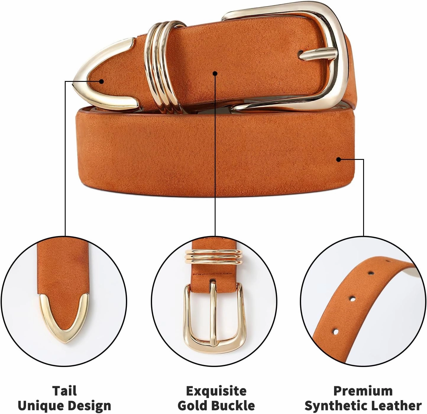 Women's Leather Belts with Gold Buckle Fashion Leather Waist Belt Elegant Ladies Belts for Jeans Dress & Casual Wear