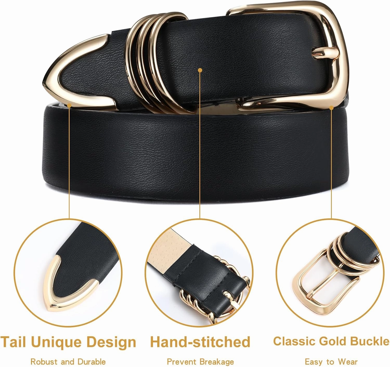 Women's Leather Belts with Gold Buckle Fashion Leather Waist Belt Elegant Ladies Belts for Jeans Dress & Casual Wear