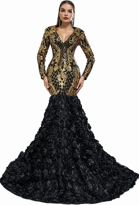 Women's Long Sleeves V-Neck Rose Sequins Mermaid Evening Dress