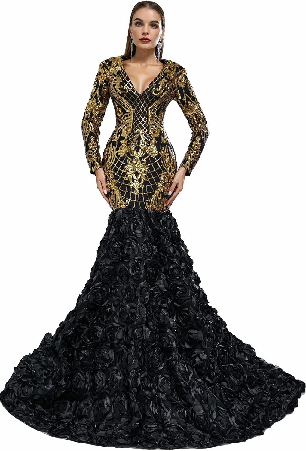 Women's Long Sleeves V-Neck Rose Sequins Mermaid Evening Dress