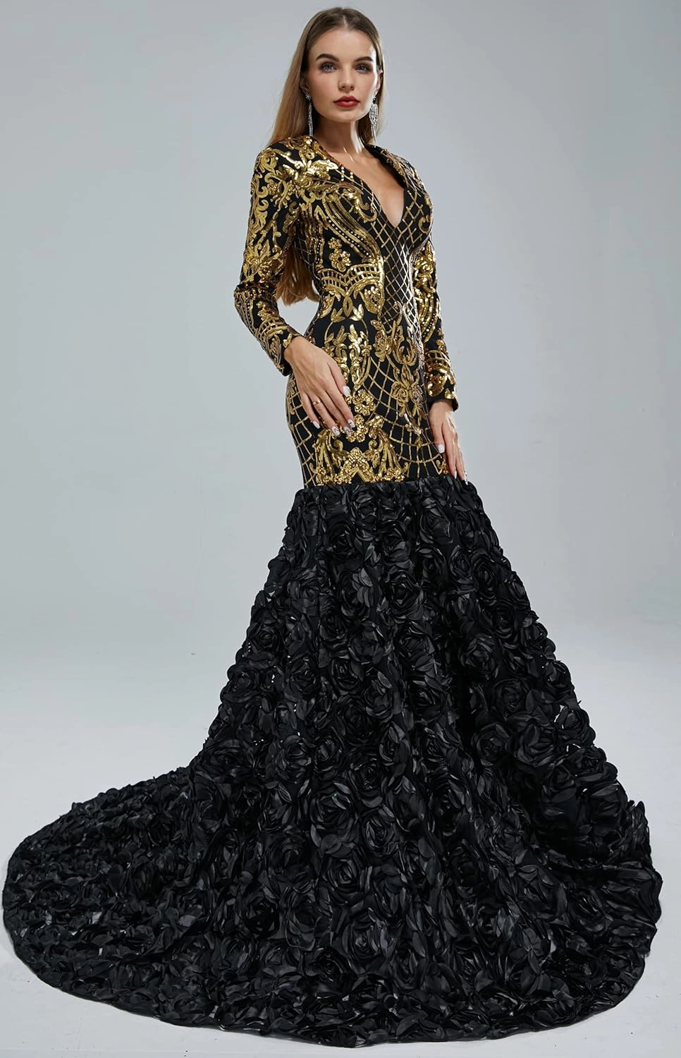 Women's Long Sleeves V-Neck Rose Sequins Mermaid Evening Dress