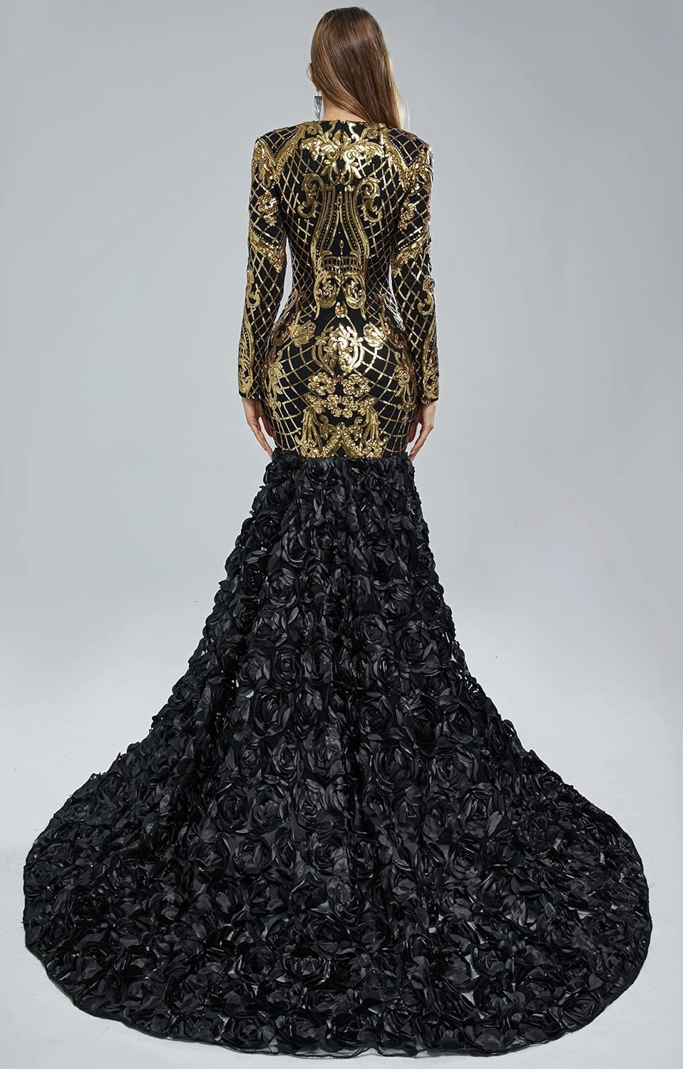 Women's Long Sleeves V-Neck Rose Sequins Mermaid Evening Dress