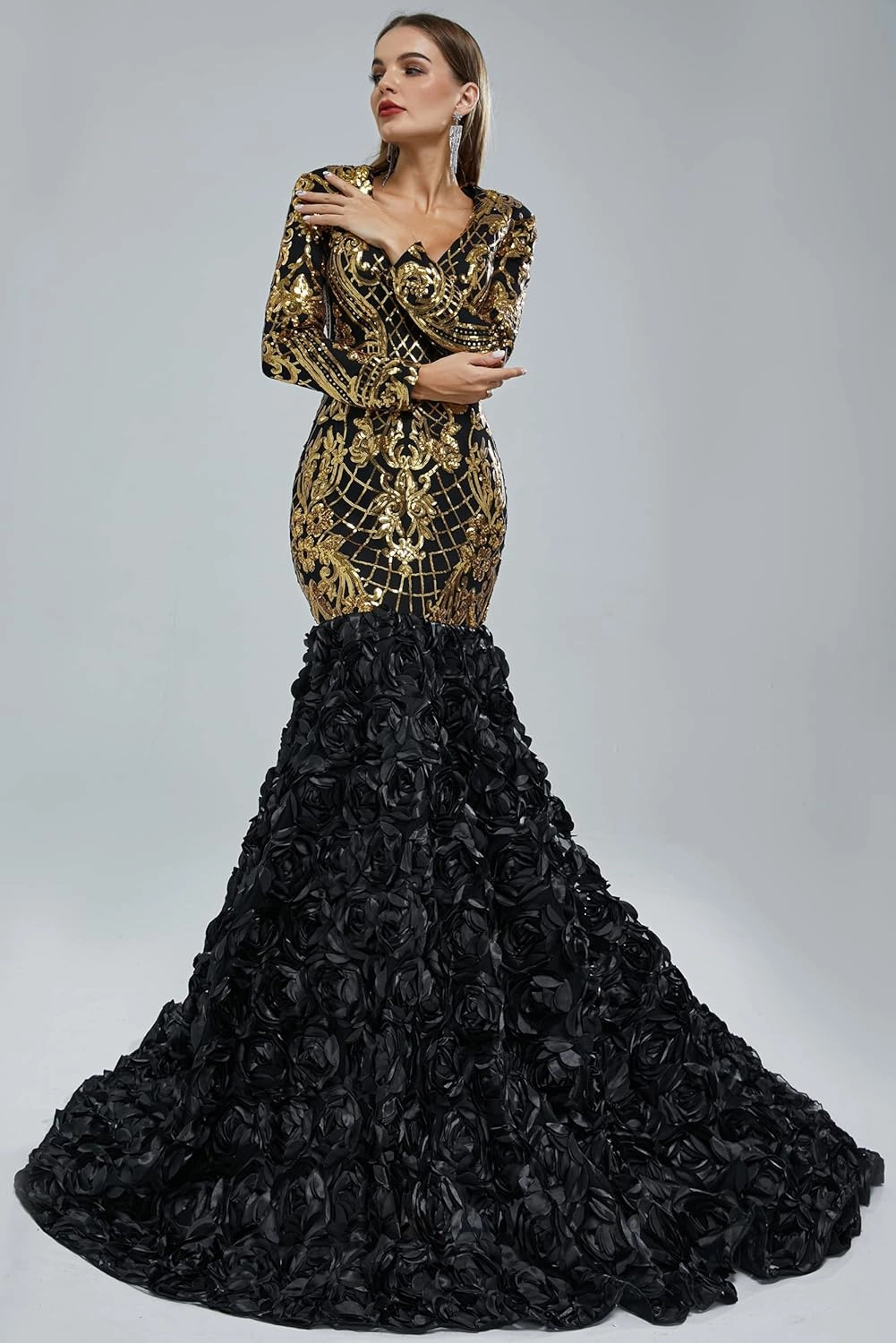 Women's Long Sleeves V-Neck Rose Sequins Mermaid Evening Dress