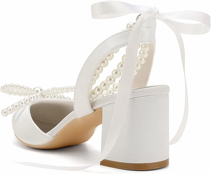 Women's Pointed Closed Toe Pearl Chunky Heels for Women Dressy Shoes Wedding Shoes for Bride Bridal Block Heels