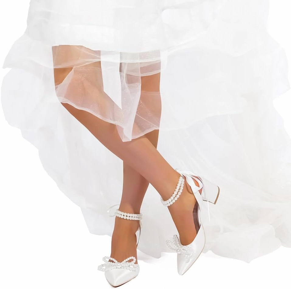 Women's Pointed Closed Toe Pearl Chunky Heels for Women Dressy Shoes Wedding Shoes for Bride Bridal Block Heels