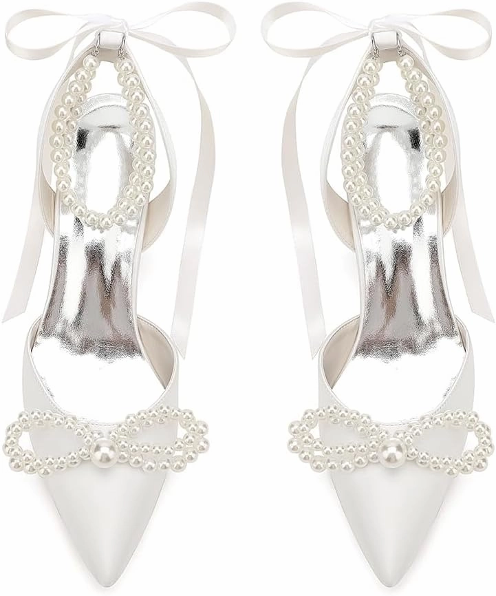 Women's Pointed Closed Toe Pearl Chunky Heels for Women Dressy Shoes Wedding Shoes for Bride Bridal Block Heels
