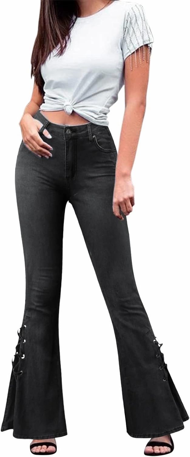 Women's Ripped Flare Bell Bottom Mid Waist Lace Up Hole Stretch Vintage Baggy Straight Denim Jeans Pants Trousers Streetwear