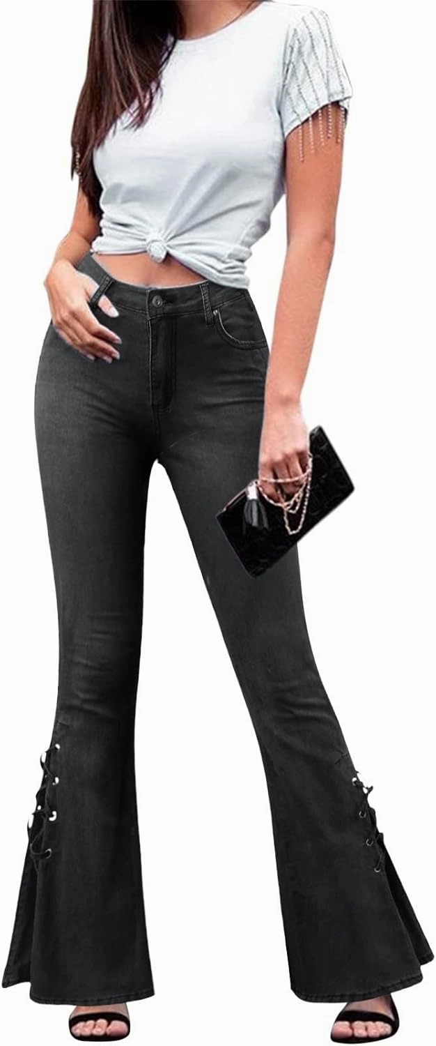 Women's Ripped Flare Bell Bottom Mid Waist Lace Up Hole Stretch Vintage Baggy Straight Denim Jeans Pants Trousers Streetwear