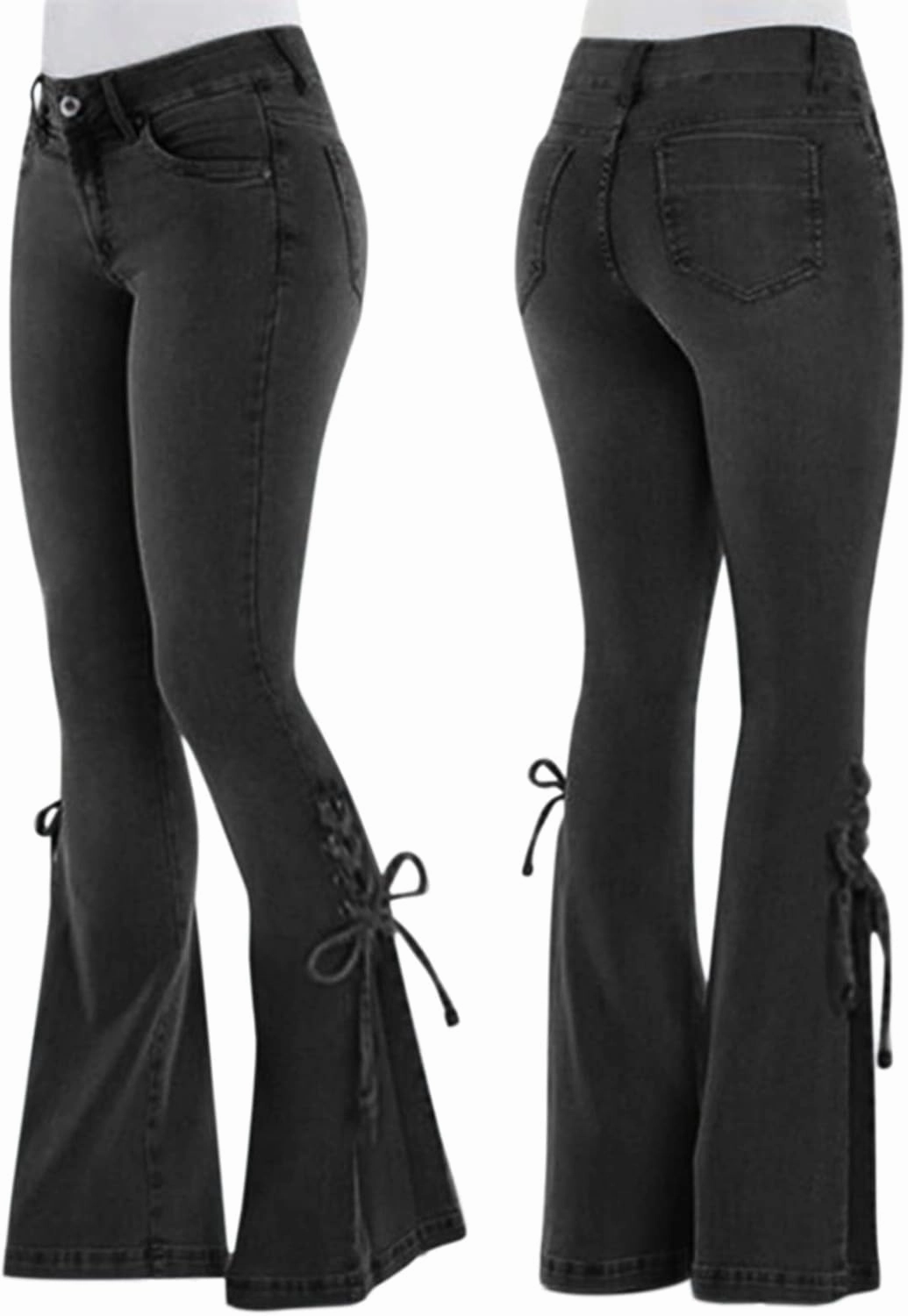 Women's Ripped Flare Bell Bottom Mid Waist Lace Up Hole Stretch Vintage Baggy Straight Denim Jeans Pants Trousers Streetwear