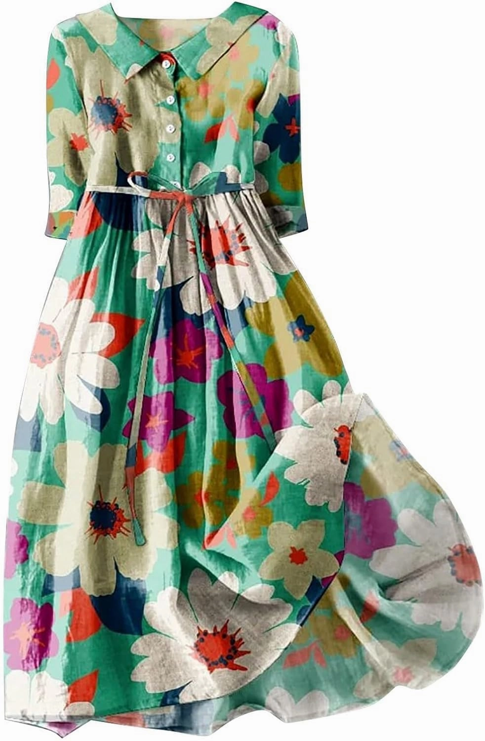 Women Summer Cotton Linen Dress 3/4 Sleeve Crew Neck Loose Long Dress Double Layers Flowy Smocked Tiered Dress