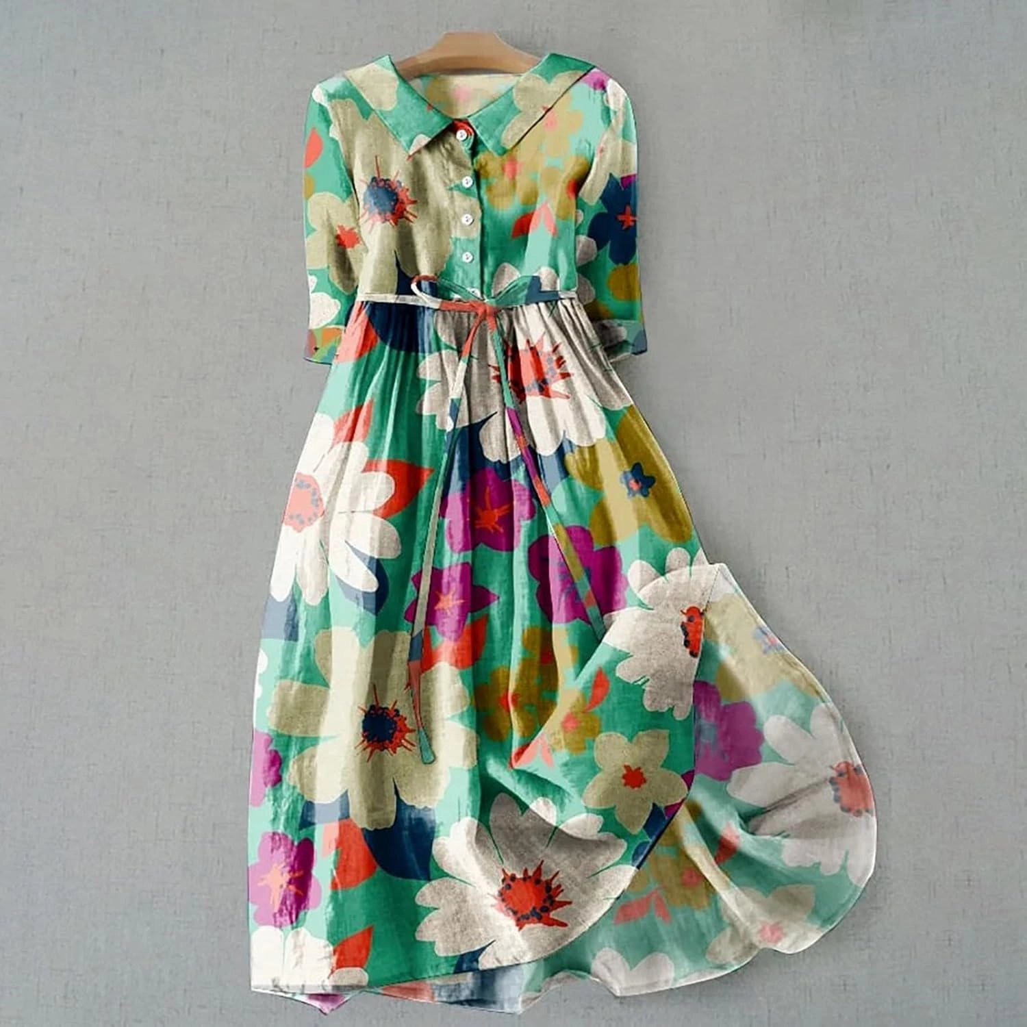 Women Summer Cotton Linen Dress 3/4 Sleeve Crew Neck Loose Long Dress Double Layers Flowy Smocked Tiered Dress