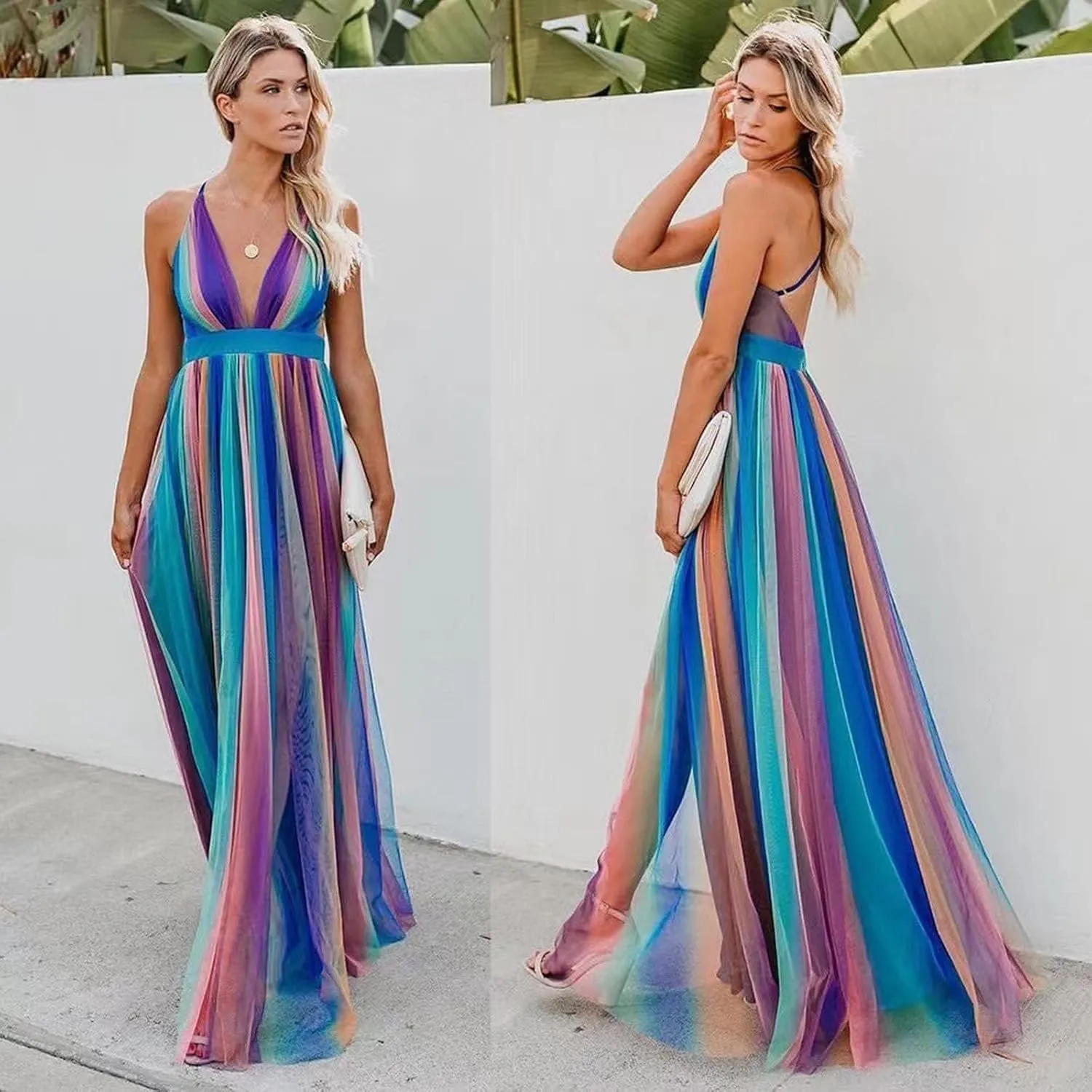 Women's Border New Suspender Sexy Deep V Rainbow Chiffon Suspender Fresh Comfy Temperament Elegant Sexy Dress