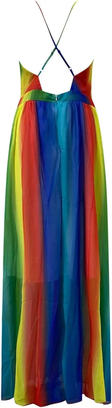 Women's Border New Suspender Sexy Deep V Rainbow Chiffon Suspender Fresh Comfy Temperament Elegant Sexy Dress