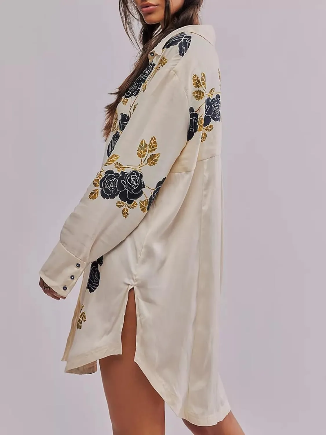 Women's Button Down Floral Print Shirt Dress Fall Fashion Long Sleeve Oversized Lightweight Blouses Tops
