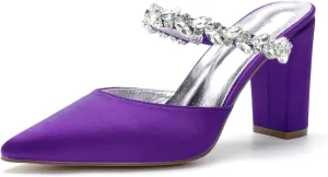 Womens Chunky Block Heel Sandals Pointed Closed Toe Low Heel Satin Slingback Pumps Shoes