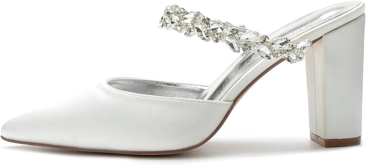 Womens Chunky Block Heel Sandals Pointed Closed Toe Low Heel Satin Slingback Pumps Shoes