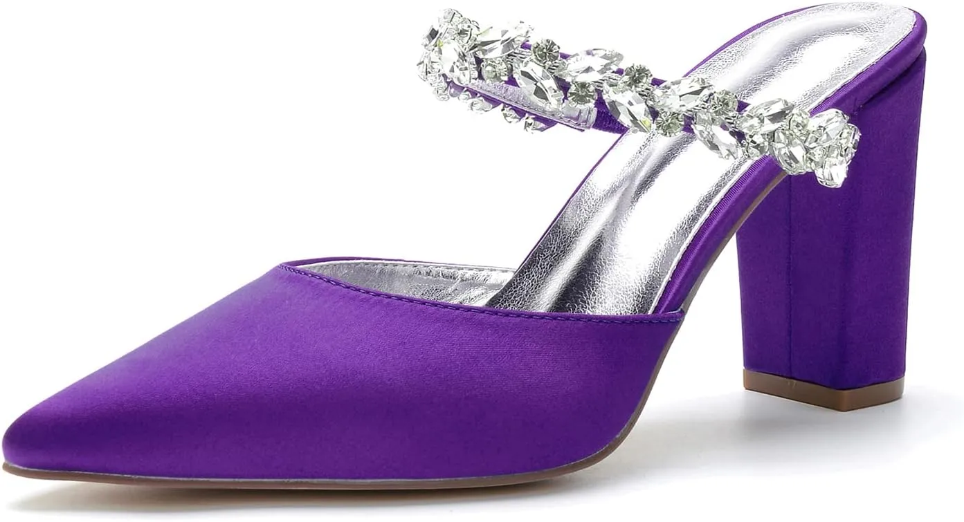 Womens Chunky Block Heel Sandals Pointed Closed Toe Low Heel Satin Slingback Pumps Shoes