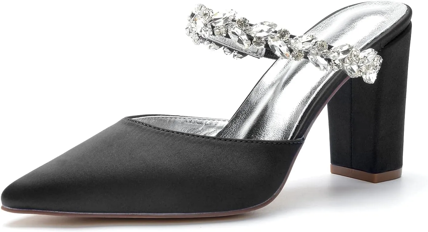Womens Chunky Block Heel Sandals Pointed Closed Toe Low Heel Satin Slingback Pumps Shoes
