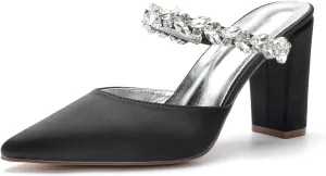 Womens Chunky Block Heel Sandals Pointed Closed Toe Low Heel Satin Slingback Pumps Shoes