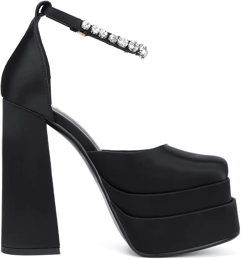 Women's Chunky Block Heels Platform Shoes Closed Toe Thick Heel Pumps of Ankle Strip with Rhinestone for Women Silk Satin Sandals
