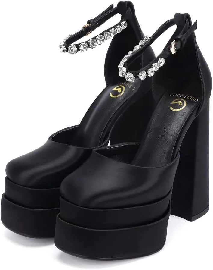 Women's Chunky Block Heels Platform Shoes Closed Toe Thick Heel Pumps of Ankle Strip with Rhinestone for Women Silk Satin Sandals