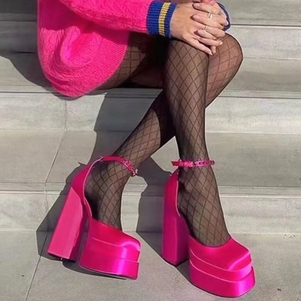 Women's Chunky Block Heels Platform Shoes Closed Toe Thick Heel Pumps of Ankle Strip with Rhinestone for Women Silk Satin Sandals