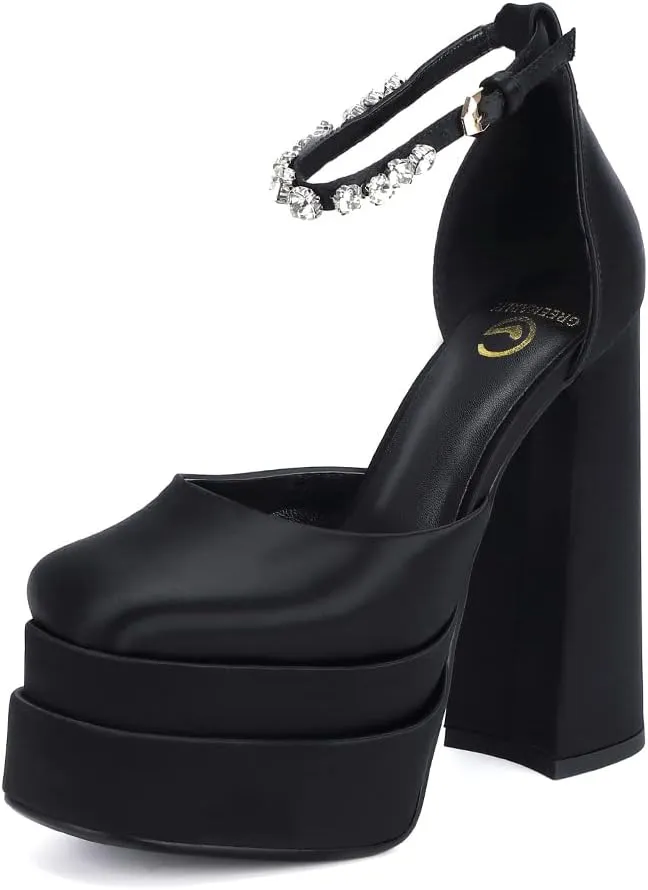Women's Chunky Block Heels Platform Shoes Closed Toe Thick Heel Pumps of Ankle Strip with Rhinestone for Women Silk Satin Sandals