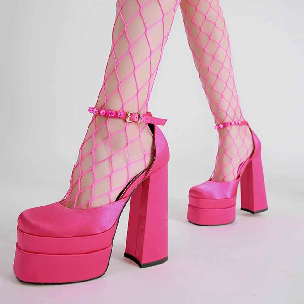 Women's Chunky Block Heels Platform Shoes Closed Toe Thick Heel Pumps of Ankle Strip with Rhinestone for Women Silk Satin Sandals