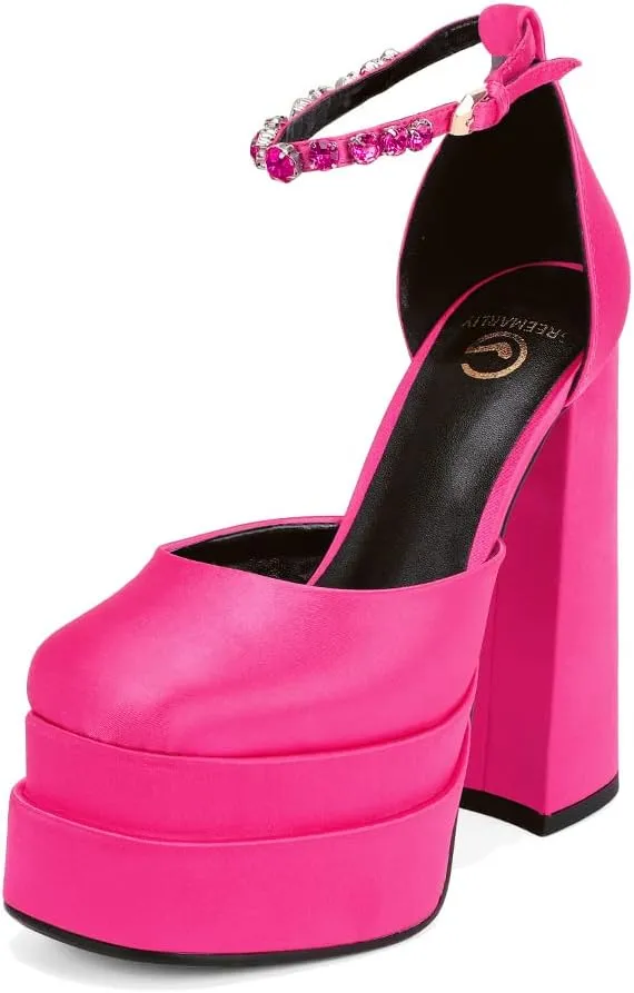 Women's Chunky Block Heels Platform Shoes Closed Toe Thick Heel Pumps of Ankle Strip with Rhinestone for Women Silk Satin Sandals