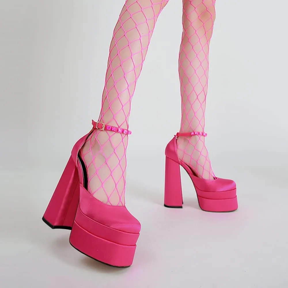Women's Chunky Block Heels Platform Shoes Closed Toe Thick Heel Pumps of Ankle Strip with Rhinestone for Women Silk Satin Sandals