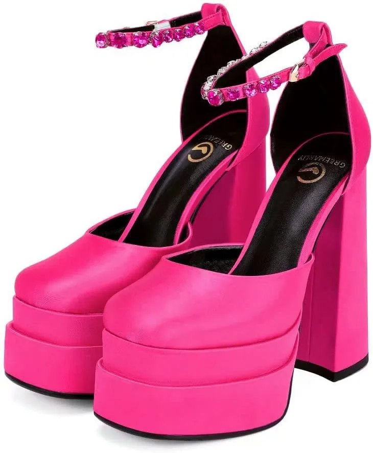 Women's Chunky Block Heels Platform Shoes Closed Toe Thick Heel Pumps of Ankle Strip with Rhinestone for Women Silk Satin Sandals
