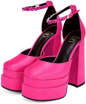 Women's Chunky Block Heels Platform Shoes Closed Toe Thick Heel Pumps of Ankle Strip with Rhinestone for Women Silk Satin Sandals