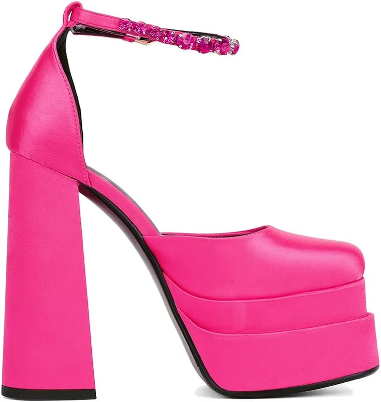 Women's Chunky Block Heels Platform Shoes Closed Toe Thick Heel Pumps of Ankle Strip with Rhinestone for Women Silk Satin Sandals