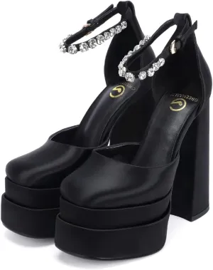 Women's Chunky Block Heels Platform Shoes Closed Toe Thick Heel Pumps of Ankle Strip with Rhinestone for Women Silk Satin Sandals
