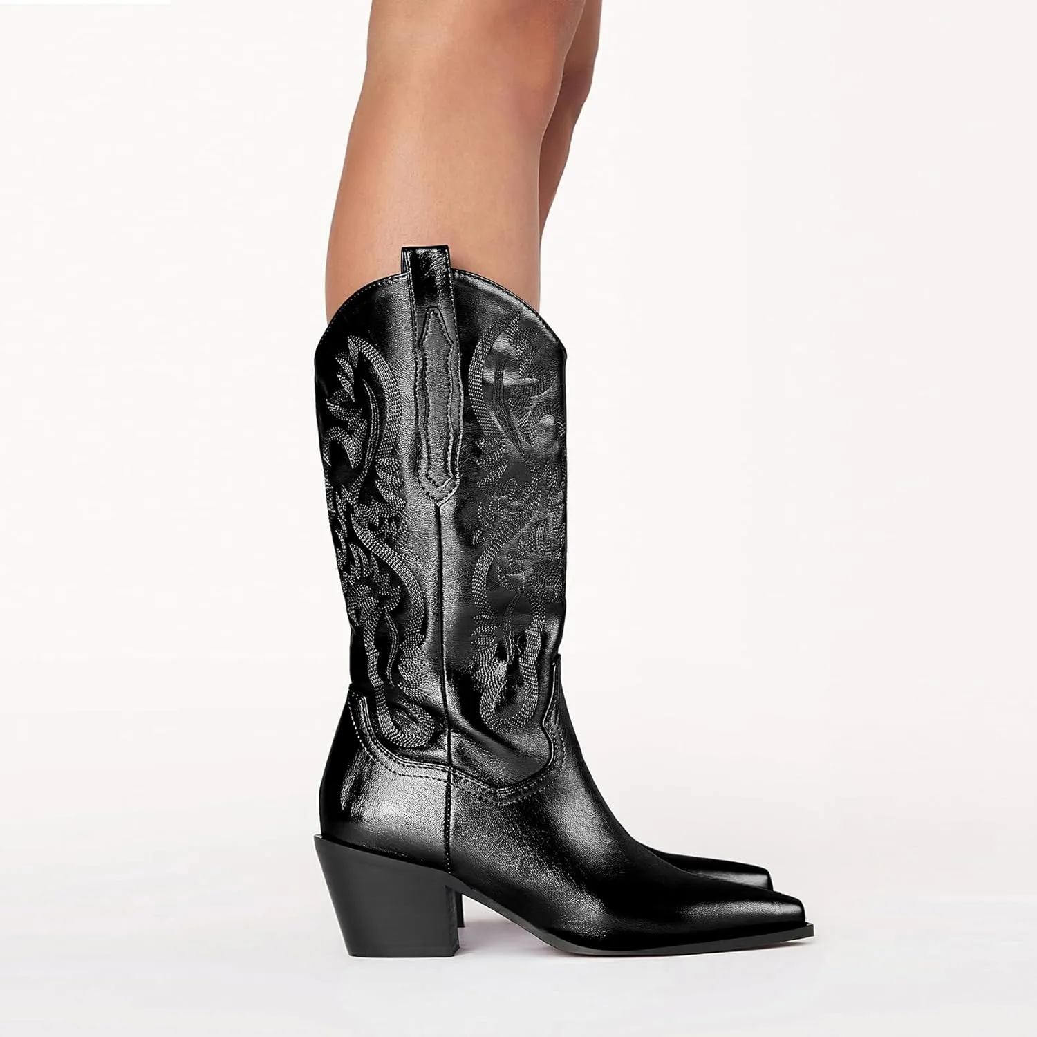 Women's Cowboy Boots Metallic Mid Calf Cowgirl Boots Wide Calf Western Embroidered Sparkly Paty Boots
