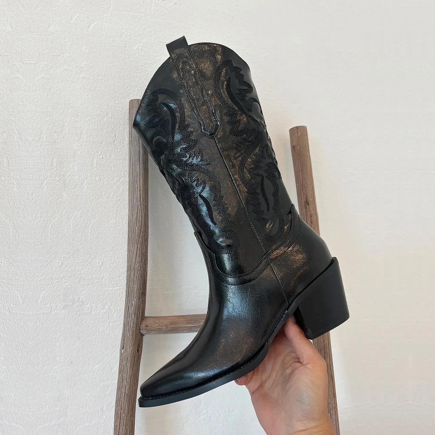 Women's Cowboy Boots Metallic Mid Calf Cowgirl Boots Wide Calf Western Embroidered Sparkly Paty Boots