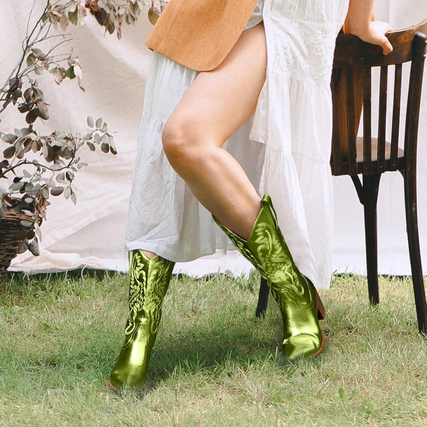 Women's Cowboy Boots Metallic Mid Calf Cowgirl Boots Wide Calf Western Embroidered Sparkly Paty Boots