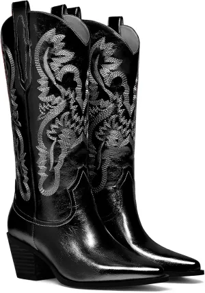 Women's Cowboy Boots Metallic Mid Calf Cowgirl Boots Wide Calf Western Embroidered Sparkly Paty Boots