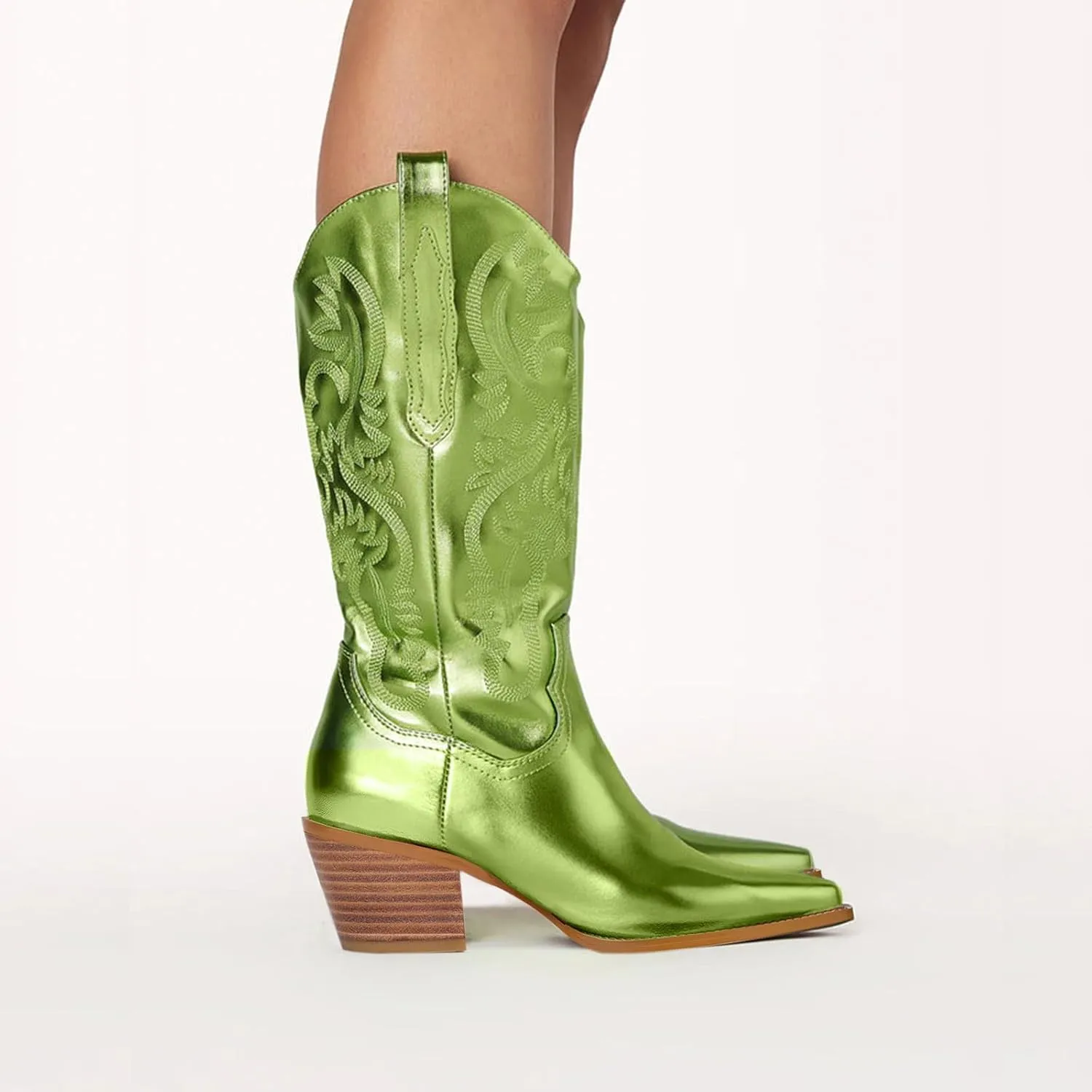 Women's Cowboy Boots Metallic Mid Calf Cowgirl Boots Wide Calf Western Embroidered Sparkly Paty Boots