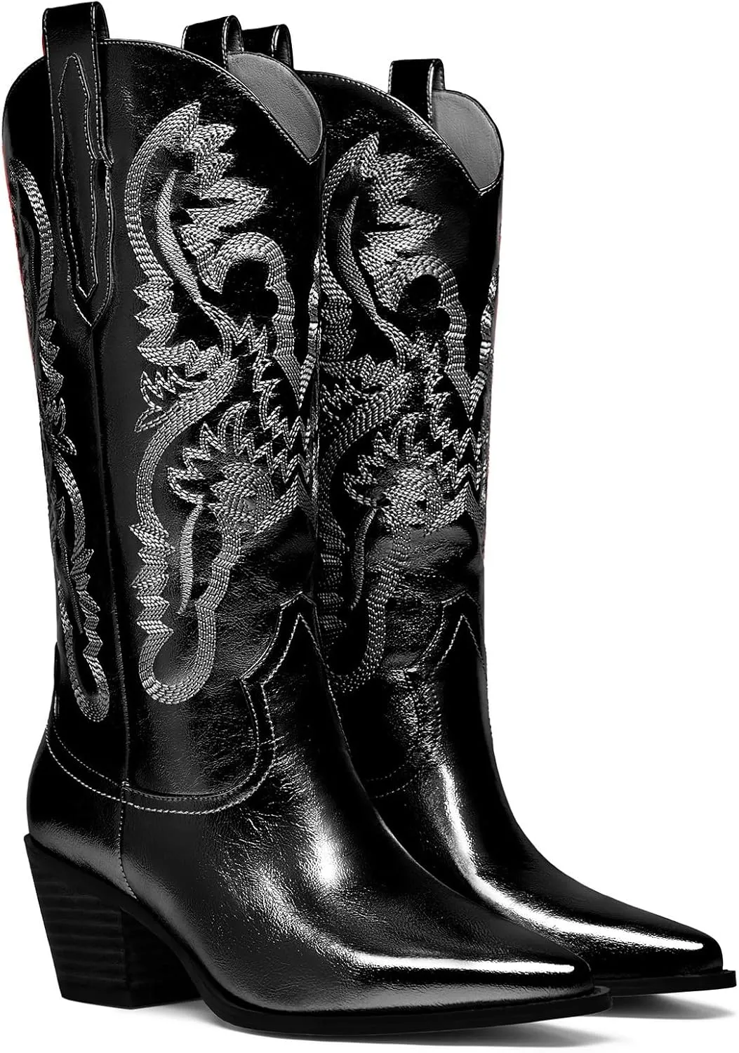 Women's Cowboy Boots Metallic Mid Calf Cowgirl Boots Wide Calf Western Embroidered Sparkly Paty Boots