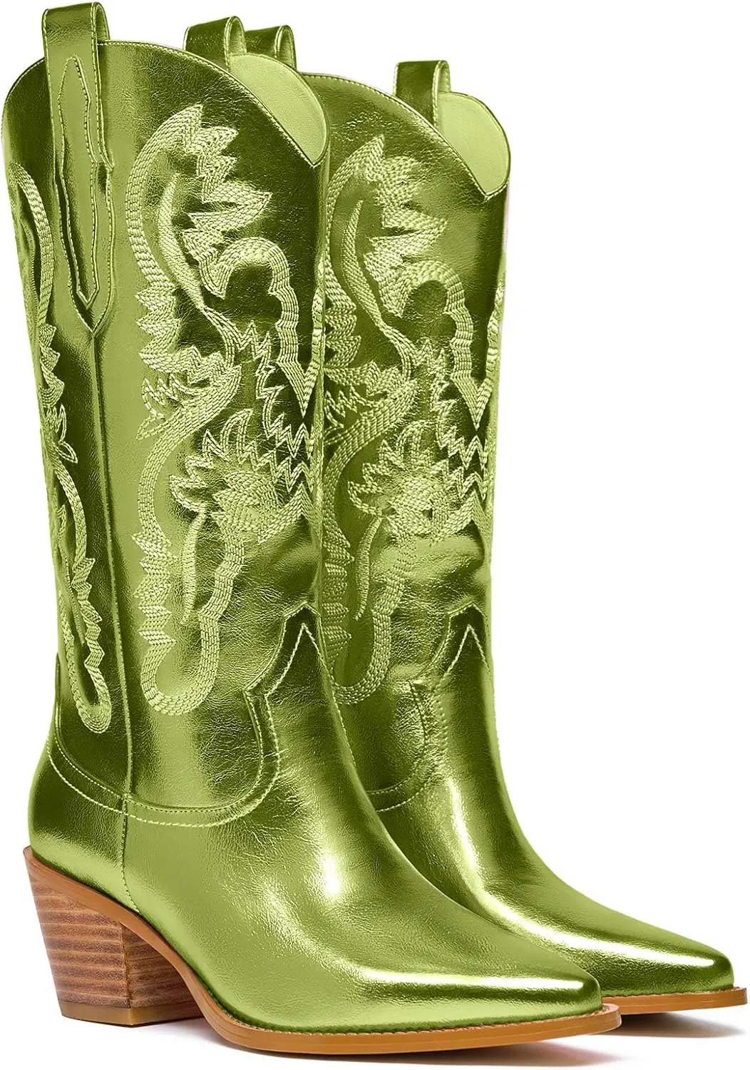 Women's Cowboy Boots Metallic Mid Calf Cowgirl Boots Wide Calf Western Embroidered Sparkly Paty Boots