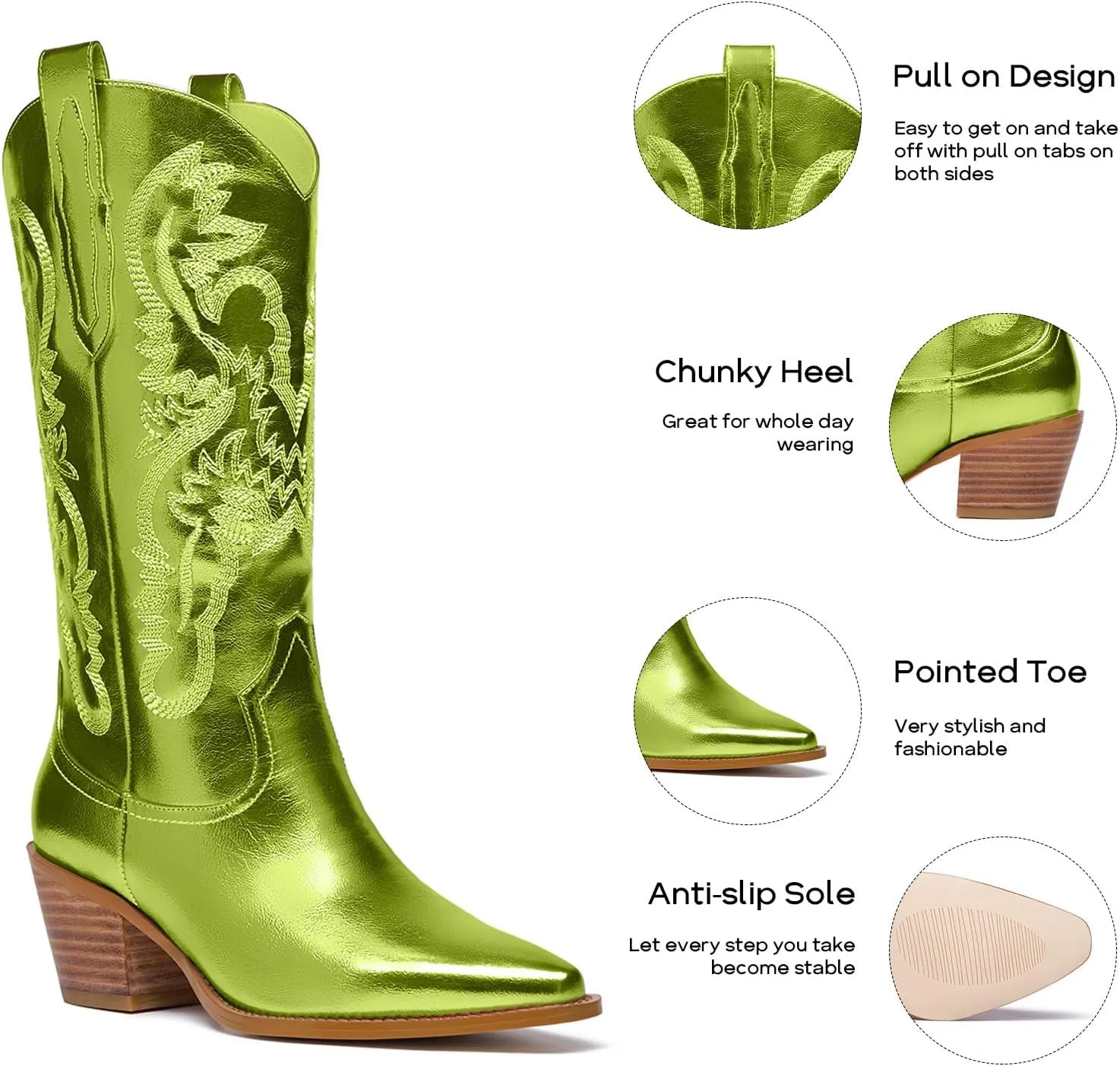 Women's Cowboy Boots Metallic Mid Calf Cowgirl Boots Wide Calf Western Embroidered Sparkly Paty Boots