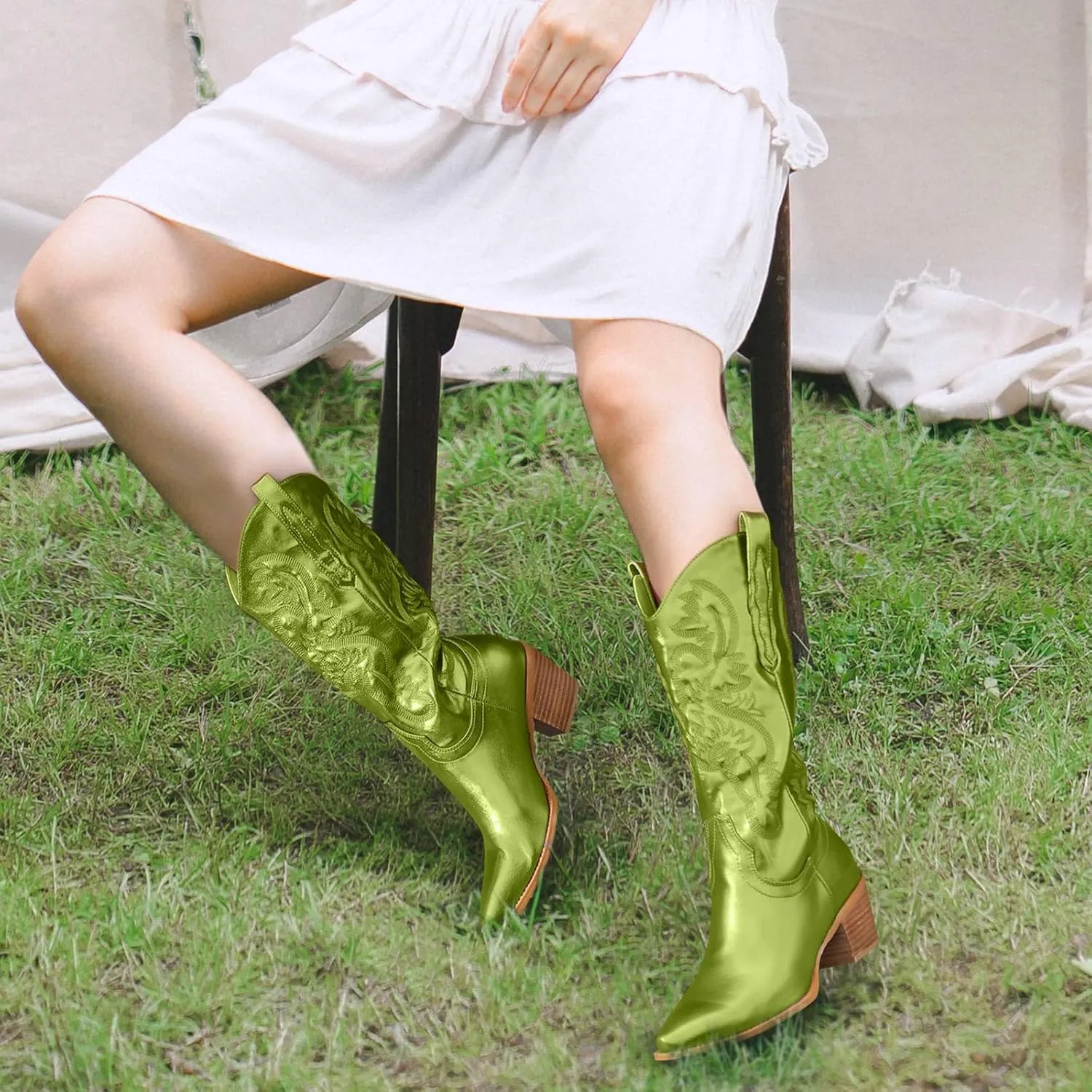 Women's Cowboy Boots Metallic Mid Calf Cowgirl Boots Wide Calf Western Embroidered Sparkly Paty Boots
