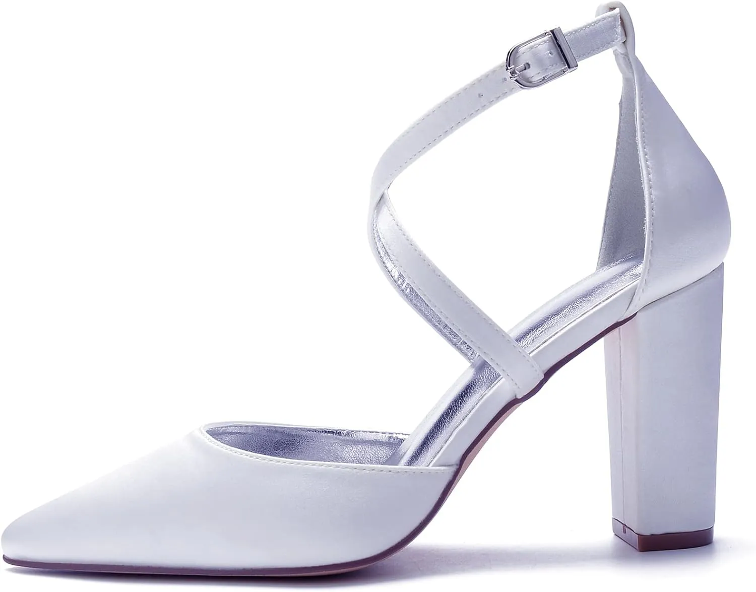 Women's Cross Strappy White Wedding Shoes for Bride High Heels Pointed Toe Bridal Shoes Satin Block Heels Prom Party Dress Pumps Sandals