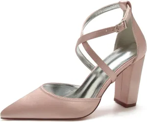 Women's Cross Strappy White Wedding Shoes for Bride High Heels Pointed Toe Bridal Shoes Satin Block Heels Prom Party Dress Pumps Sandals