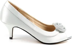 Women's FLR222 Silver Satin Lower Heeled Peep Toe Court Shoe 39