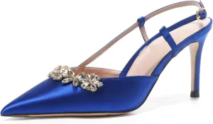 Women's High Heels Strappy Satin Rhinestones Pumps Closed Pointed Toe Stiletto Party Wedding Dress Shoes, Model ANL180-12