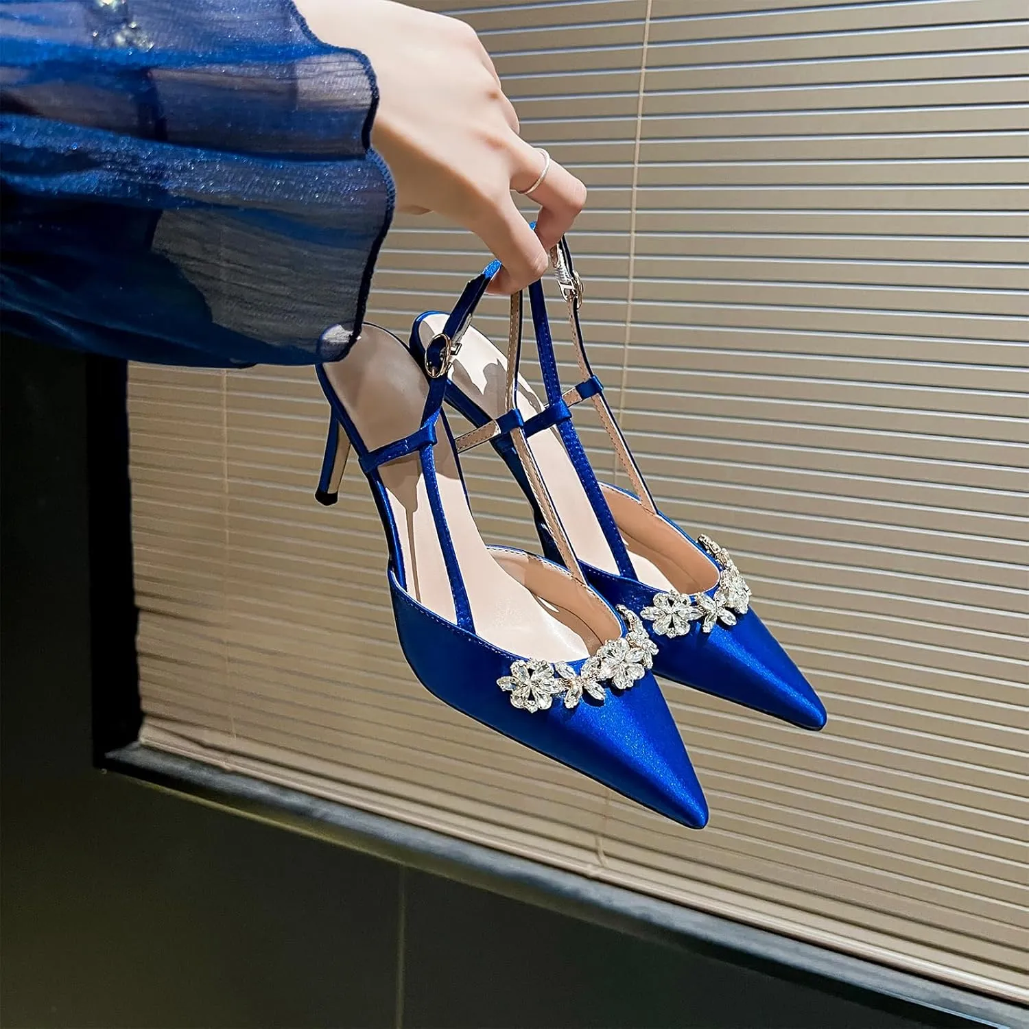 Women's High Heels Strappy Satin Rhinestones Pumps Closed Pointed Toe Stiletto Party Wedding Dress Shoes, Model ANL180-12